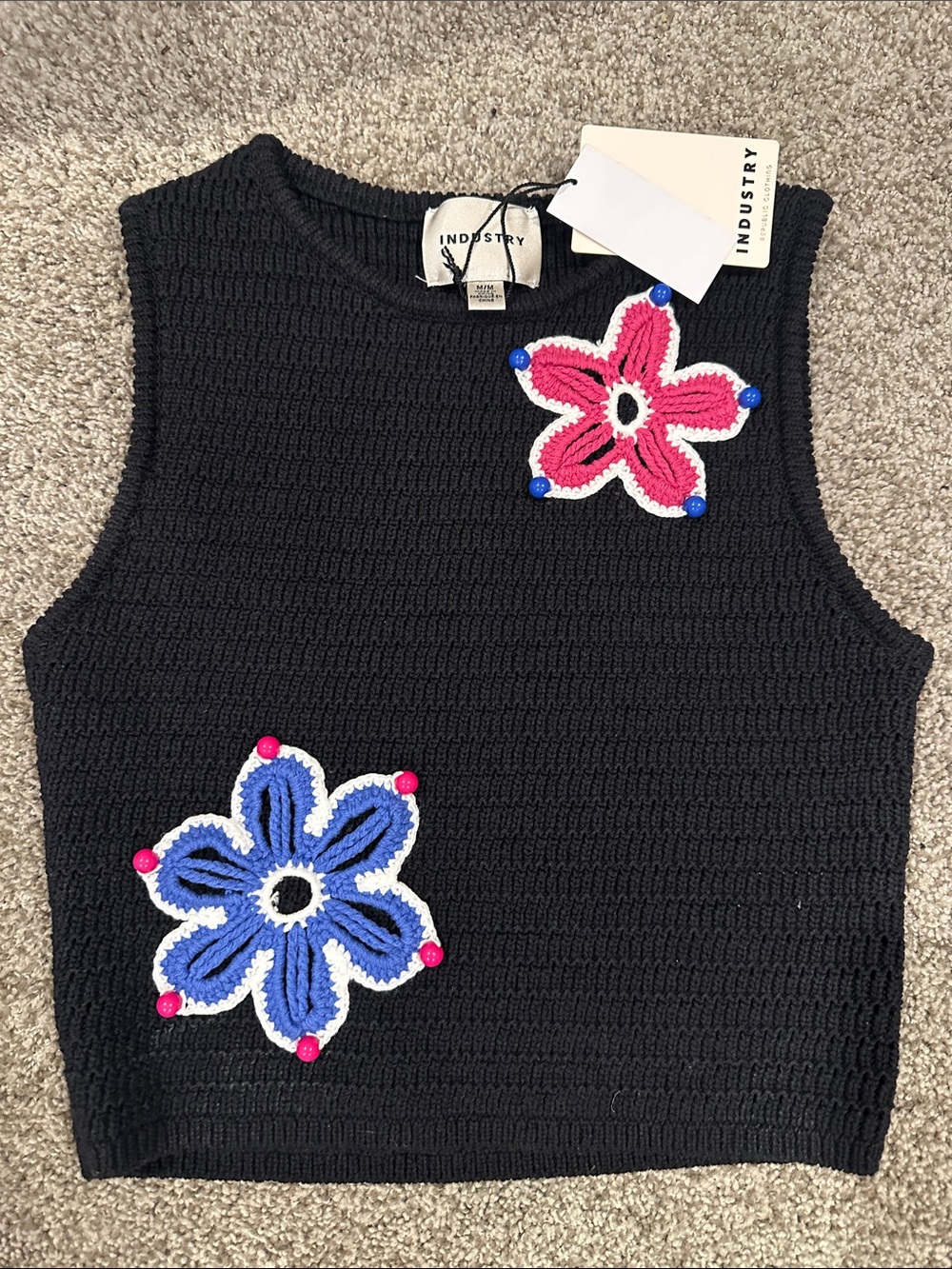 INDUSTRY Black Knit Floral Appliqué Sleeveless Top